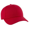 A red low profile baseball cap featuring six panels and a logo on the front.
