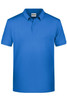 A blue men's basic polo shirt featuring a collar and short sleeves, with a logo on the chest.