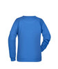 A blue sweater with long sleeves and a crew neck. The back view reveals a plain design and a logo.