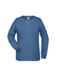 A blue ladies sweat jumper with a raglan sleeve design and a logo on the upper inside.