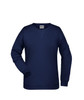 A navy blue women's jumper featuring a classic crew neck and long sleeves, with a logo on the label.