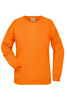 An orange women's jumper with a crew neck and raglan sleeves. It features a branding logo.