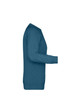 A side view of a teal ladies' jumper with long sleeves and a round neckline, featuring a brand logo.