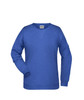 A blue women's sweatshirt with long sleeves and a crew neckline. The garment features a logo.