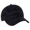 A black camo-patterned baseball cap featuring a low profile and six panels, complete with a logo.