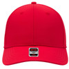 A red UPF 50+ 6 panel low profile baseball cap with a logo on the front.