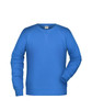 A bright blue men's sweater with a classic crew neckline and ribbed cuffs. It features a logo on the label.