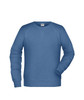 A blue men's sweatshirt with a crew neckline and long sleeves, featuring a logo on the label.