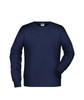 A navy blue men's jumper with long sleeves and a round neckline. It features a branded logo.