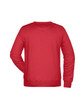 A red jumper with long sleeves and a crew neck, featuring a plain back design and a logo.