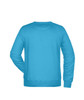 A blue men's jumper with a crew neck and long sleeves, featuring a plain back design and a branding logo.