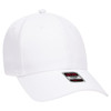 A white six-panel low-profile baseball cap with a branded tag.