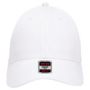 A white six-panel low-profile baseball cap featuring a logo. The cap has a comfortable fit design.