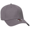A grey low profile baseball cap with a six-panel design and a logo on the front.
