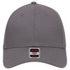A grey six-panel low profile baseball cap with a logo on the front.
