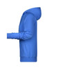 A blue ladies hoodie featuring a hood and long sleeves, displayed from a side view.