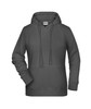 A grey ladies hoodie with a front pouch pocket and a hood. It features a logo on the chest area.