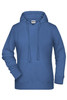 A blue ladies' hoodie featuring a front pocket and a drawstring hood, with a logo on the label.