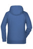 A blue ladies hoodie with a back view and a hood, featuring a logo on the design.