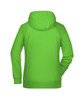 A green ladies' hoodie with a back view, featuring a hood and long sleeves. It has a simple design and includes a logo.