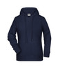 A navy ladies hoodie featuring a drawstring hood and a front pouch pocket. It has a logo on the label.