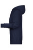 A navy ladies hoodie with a front pocket and a hood, displayed from a side view.