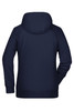 A navy blue ladies hoodie featuring a hood and a fitted design, with a logo on the back.