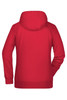 A red ladies hoodie with a hood and long sleeves, featuring a simple design on the back.