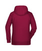 A maroon ladies hoodie with a hood and long sleeves, featuring a logo on the back.