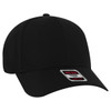 A black low-profile baseball cap featuring a six-panel design and a branded tag.