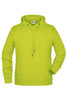 A bright yellow men's hoodie with a front pouch pocket and adjustable drawstring hood, featuring a logo.