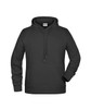 A black men's hoodie with a front kangaroo pocket and drawstring hood. It has a logo.