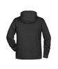 A men's black hoodie featuring a large hood and long sleeves, shown from the back. It includes a branding logo.