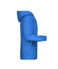 A blue men's hoodie with a kangaroo pocket and a hood, featuring a logo on the front.