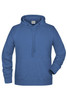 A blue men's hoodie with a front pocket and drawstring hood, featuring a logo on the label.