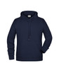 A navy blue men's hoodie with a front pocket, adjustable drawstring, and a logo on the label.