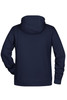 A navy blue men's hoodie with a drawstring hood and a kangaroo pocket at the front. Features a logo on the side.