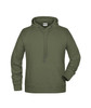 An olive green men's hoodie featuring a front pocket and adjustable drawstring hood. It has a logo on the label.