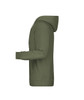 A men's hoodie in olive green, featuring a front pocket and a side view of the design. It has a logo on it.