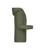 A men's hoodie in olive green with a hood and long sleeves, featuring a side view. It has a logo on the front.