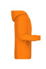 An orange men's hoodie displayed from the side, featuring a hood and long sleeves. The design includes a logo.