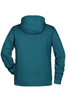 A teal men's hoodie with a back view, featuring long sleeves and a hood. It has a simple design and a logo.