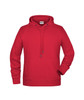 A red men's hoodie featuring a drawstring hood and a front pouch pocket. It includes a logo on the label.