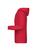 A red men's hoodie featuring a front pocket and a hood, displayed from the side. It has a logo on the front.
