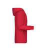 A red men's hoodie in a side view, featuring a hood and long sleeves. It includes a logo on the front.