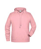 A pink men's hoodie with a front pocket and drawstring hood. It features a logo on the chest.