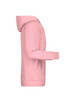 A pink men's hoodie with a hood and long sleeves features a side view design and has a logo.