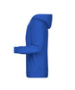 A blue men's hoodie with a kangaroo pocket and a hood, featuring a logo.