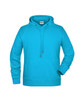 A bright turquoise men's hoodie with a drawstring hood and kangaroo pocket, featuring a brand logo.