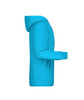 A men's hoodie in bright blue, featuring a hood and long sleeves, displayed from the side.